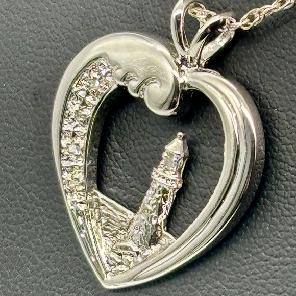 Thomas Kinkade Sterling Silver Pave Diamonds, Beacon of Hope Lighthouse Necklace - Picture 5 of 8